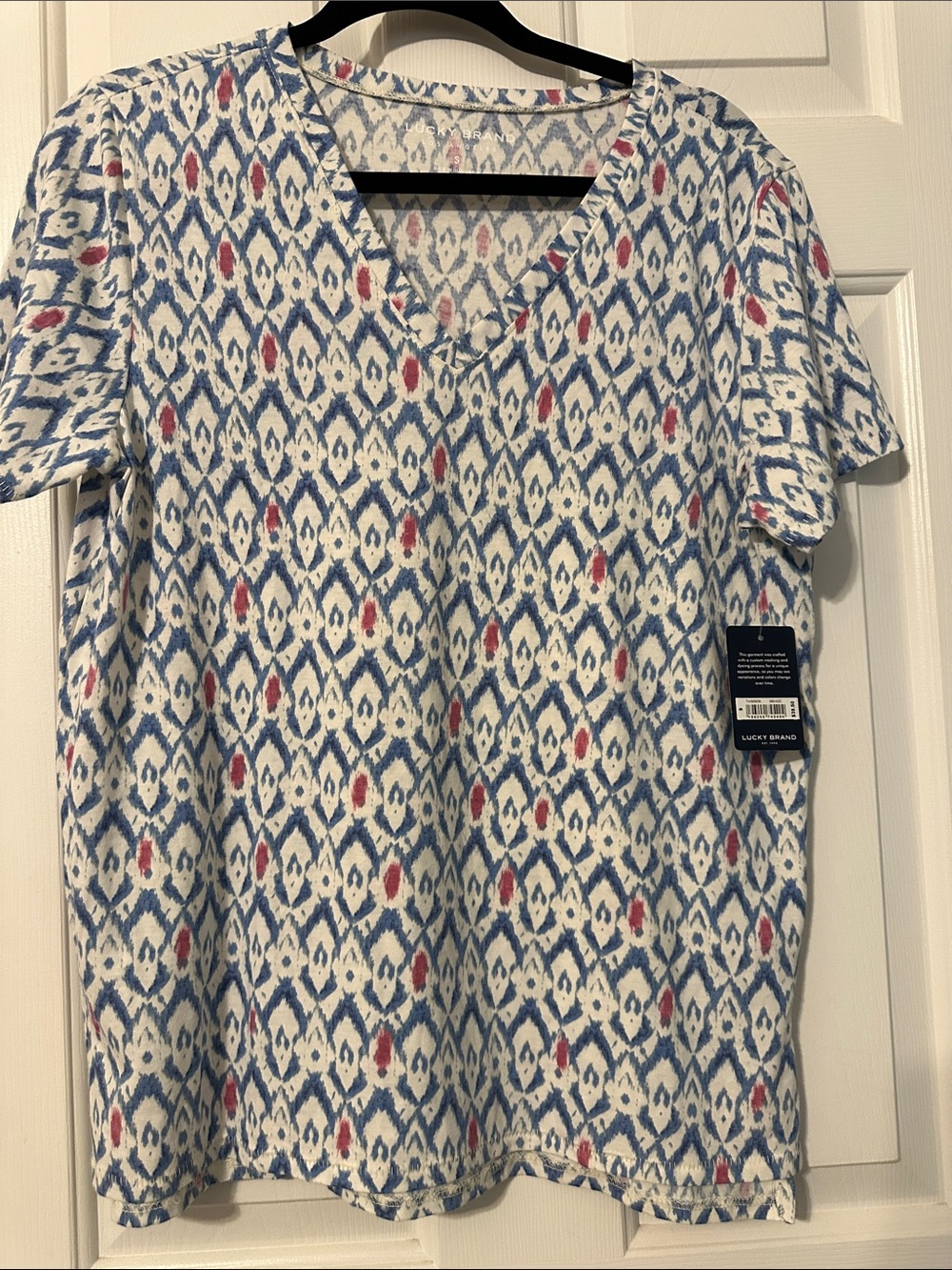 NWT Lucky Brand White, Blue & Pink V-Neck Ikat Short Sleeve Tee